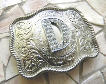 Monogram Letter D Personalized Silver Belt Buckle, Rhinestone Initial Womens Mens Kids Country Western Belt Buckle, Unique Custom Gift