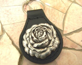 Silver Rose Keychain, Black Leather Key Fob, Flower Petal Key Ring, Silver Key Chain, Custom Gift For Women, Cowgirl, Nature Romantic