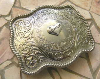 Groom Belt Buckle, Rustic Wedding Gift, Country Western Wedding,  Men's Silver Belt Buckle, Custom Bridal Party Keepsake