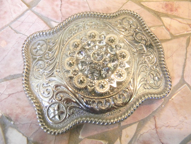 Western Berry Concho Rhinestone Belt Buckle Unique Metal Custom Belt Cowgirl Sparkle Etched Silver Country Girl Buckle