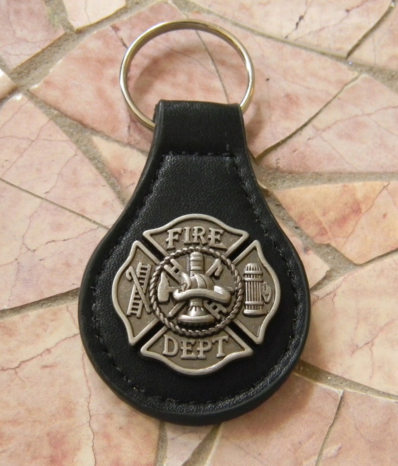 Firefighter Keychain Fireman Black Leather Key Fob Key Ring Etsy