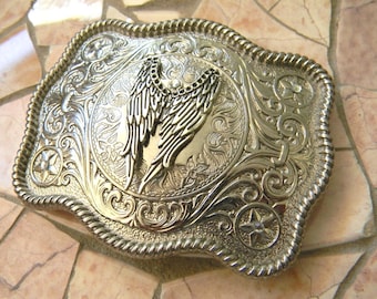 Hebilla de cinturón con alas de ángel, ángel de la guarda, chica motociclista, alas de hada, conmemorativa, en memoria amorosa, hebilla de cinturón estilo western personalizada de plata para mujer y hombre.