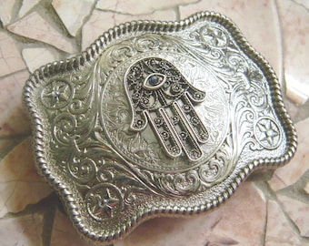 Evil Eye Hamsa Hand Belt Buckle, Silver Blue Hamsa Hand Womens Mens Belt Buckle, Unisex Protection Amulet, Bar/ Bat Mitzvah Gift, Judaica