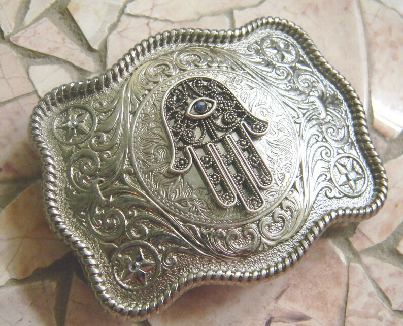 Evil Eye Hamsa Hand Belt Buckle, Silver Blue Hamsa Hand Womens Mens Belt Buckle, Unisex Protection Amulet, Bar/ Bat Mitzvah Gift, Judaica image 1