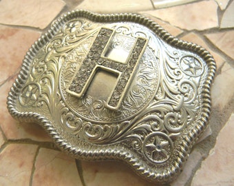 Monogram Letter H Personalized Silver Belt Buckle, Rhinestone Initial H Monogrammed Womens Mens Kids Western Belt Buckle, Custom Gift