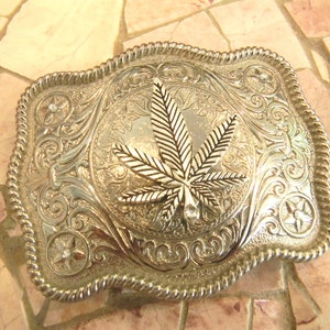Cannabis Leaf Belt Buckle, Pot Head Gift, Silver Western Accessories, Stoner Marijuanna Buckle, Custom Medicinal Drug, Mens and Womens Belt