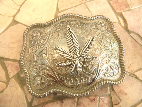 Cannabis Leaf Belt Buckle, Pot Head Gift, Silver Western  display picture 1