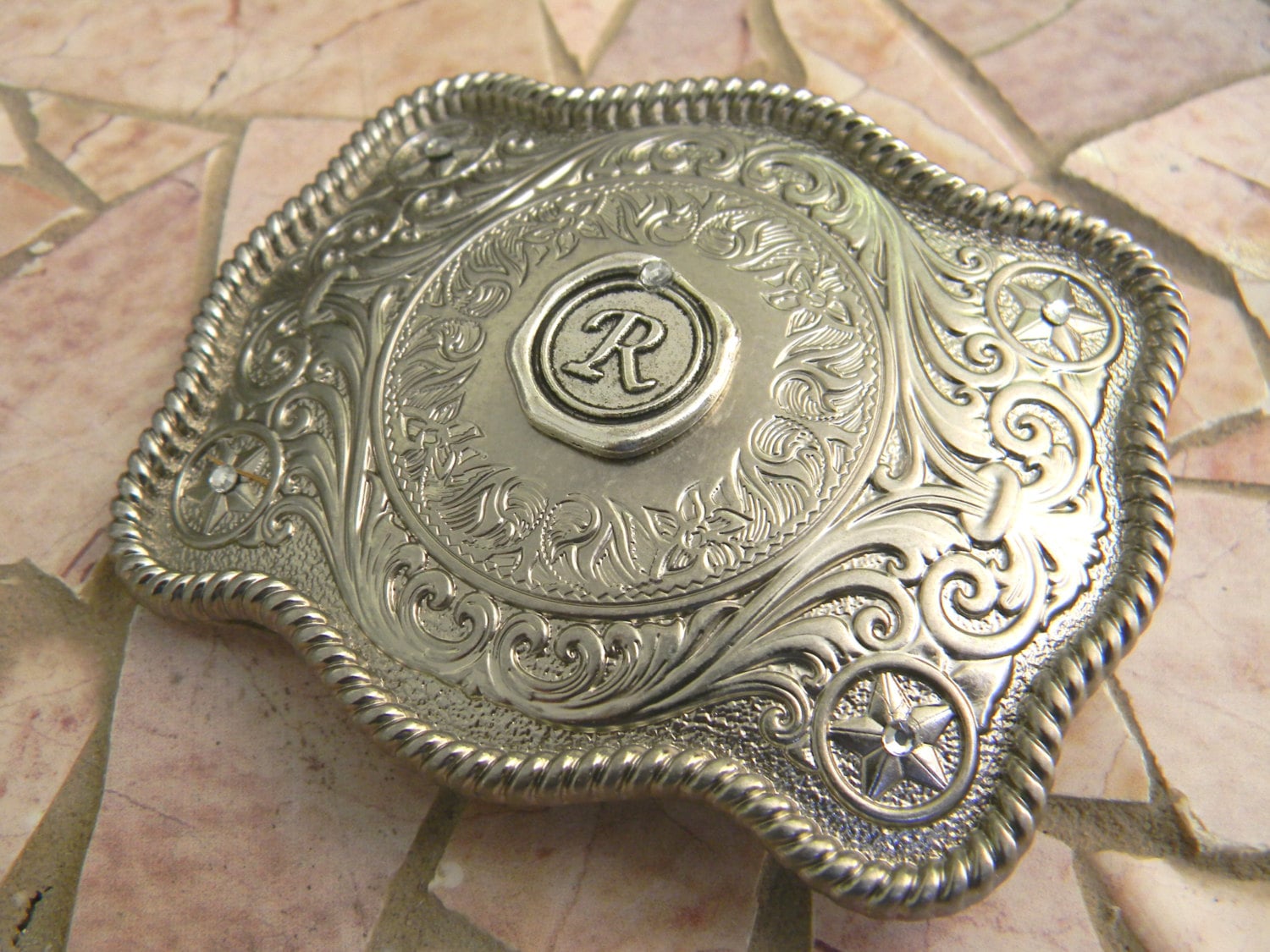 Monogram Rhinestone Silver Belt Buckle Letter R Western Belt Etsy