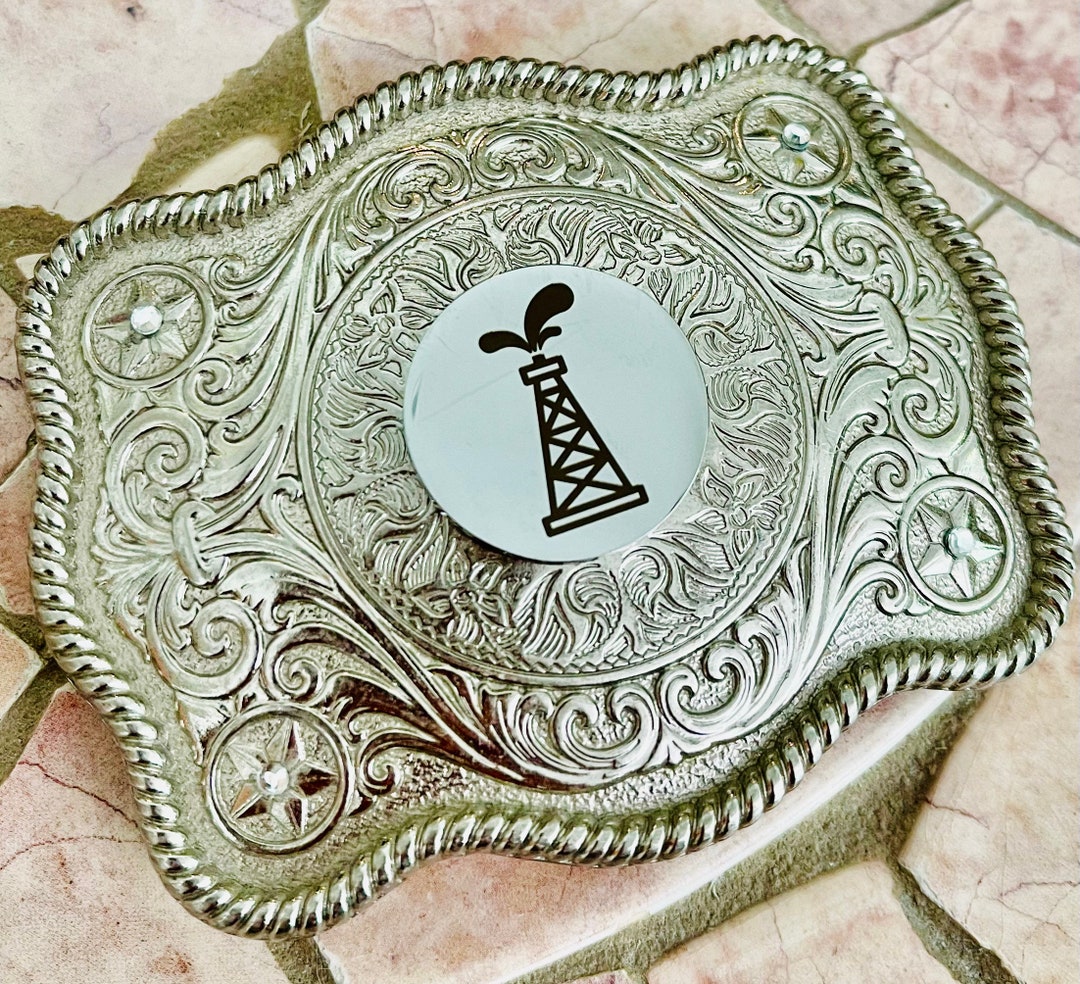 Oilfield Oil Rig Belt Buckle, Oil Derrick Silver Western 