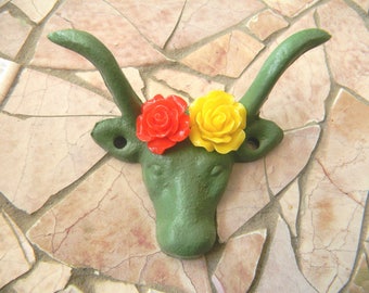 Green Wall Hook, Cast Iron Farmhouse Kitchen, Coat Hook, Steer Drawer Knob, Rustic Western Home Decor, Animal Wall Hook, Choice Of Colors