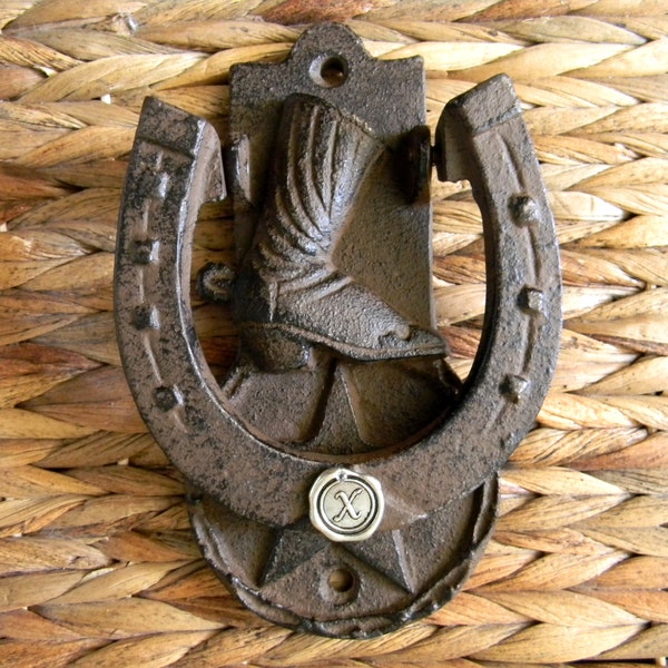 Personalized Doorknocker, Initial Housewarming Gift, New Home Owner Door Monogram, Unique Decor, Cowboy Boot Lucky Star, Cast Iron Horseshoe