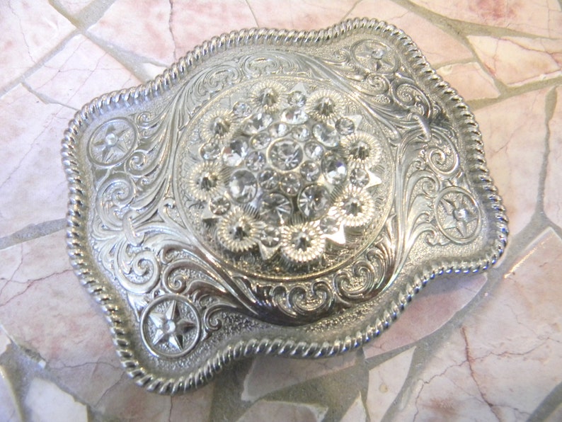 Western Berry Concho Rhinestone Belt Buckle Unique Metal Custom Belt Cowgirl Sparkle Etched Silver Country Girl Buckle