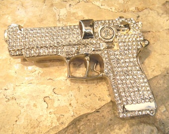 Personalized Silver Gun Belt Buckle, Letter Womens Pistol, Custom Rhinestone Handgun Gift, Monogram, Firearm Buckle