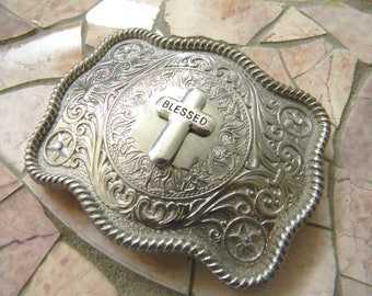 Silver Cross Belt Buckle, Blessed, Rhinestone Womens Mens Kids Western Belt Buckle, Custom Baptism Confirmation Christian Cross Gift, Bless