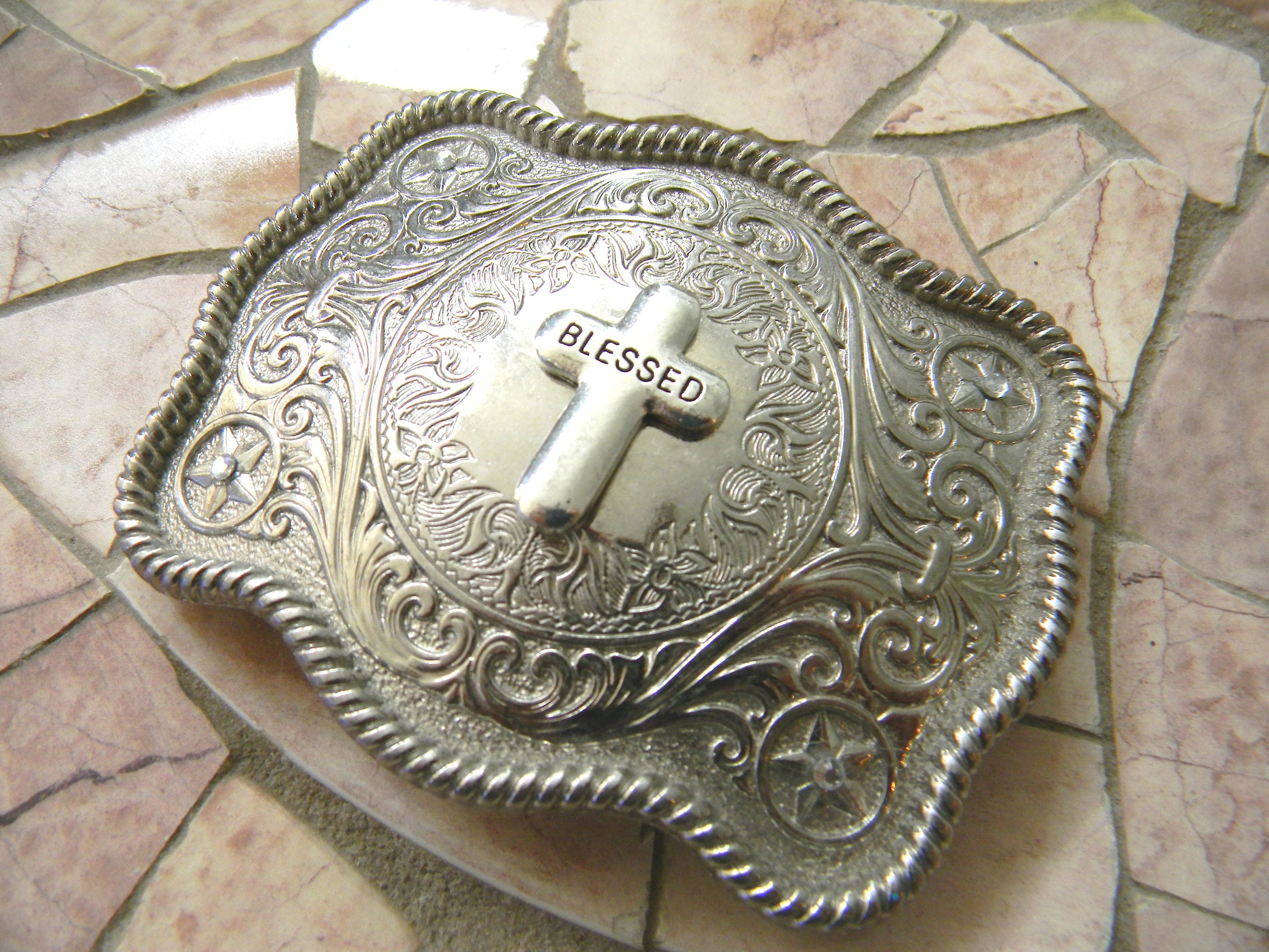 Cross Floral Belt Buckle Silver tone - Western Style Buckle