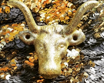 Gold Wall Hook, Glitter Animal Head Pull, Cast Iron Rustic Decor, Steer Horns, Bull Skull Towel Rack, Country Home, Farmhouse Knob