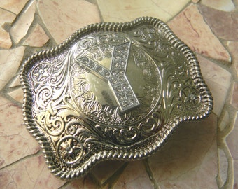 Monogram Letter Y Personalized Silver Belt Buckle, Rhinestone Initial Y, Monogrammed Womens Mens Kids Western Custom Gift