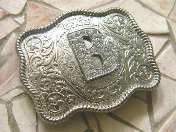 Monogram Letter B Personalized Silver Belt Buckle Rhinestone