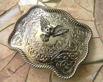 Silver Skull Belt Buckle, Mens Womens Western Belt Buckle, Biker Babe Custom Buckle, Heavy Metal Skull Head Rhinestone Country Rocker Gift