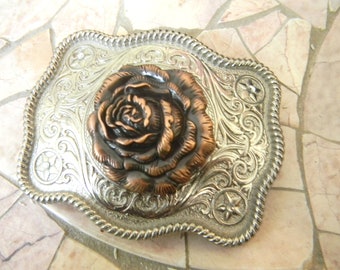 Copper Rose Western Belt Buckle, Flower Petal Nature Gift, Unique Metal Custom Belt, Womens Etched Concho Buckle