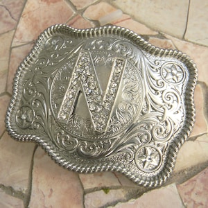 Monogram Letter N Personalized Silver Belt Buckle, Rhinestone Initial N Monogrammed Womens Mens Kids Western Gifts, Custom Metal Name Buckle