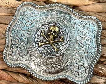 Skull and Crossbones Belt Buckle, Silver and Gold Concho, Western Cowgirl Gift, Cowboy Etched Western Wear, Unique Metal Custom Biker Belt