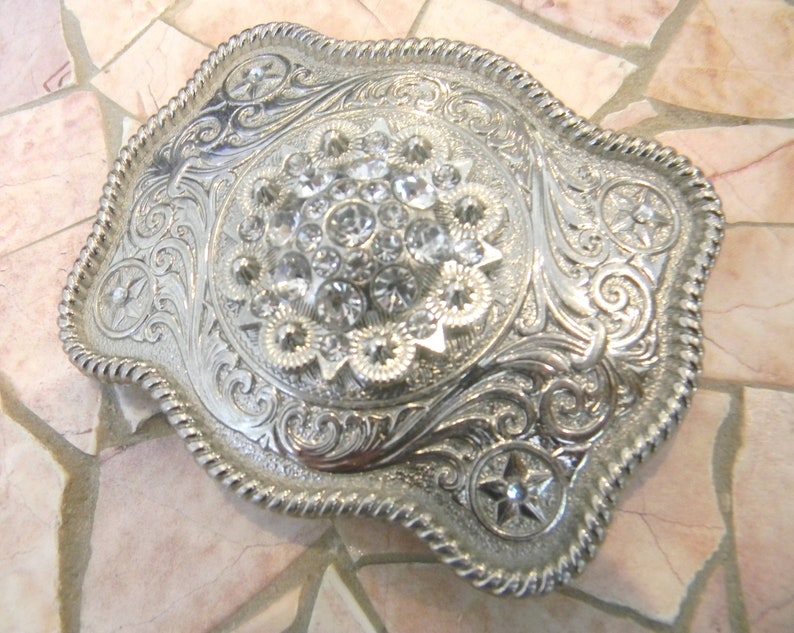 Western Berry Concho Rhinestone Belt Buckle Unique Metal Custom Belt Cowgirl Sparkle Etched Silver Country Girl Buckle