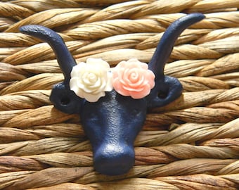 Navy Blue Wall Hook, Cast Iron Rustic Home Decor, Animal Hook, Western Cabinet Drawer, Towel Hook, Coat Hook, Cow Skull Knob, Choose Colors