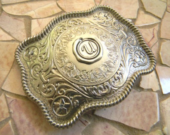 Monogram Silver Belt Buckle, Letter U Western Belt Buckle, Wax Seal, Groomsmen Gift, Bridesmaid Gift, Custom Monogrammed Stamp Belt Buckle