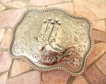 Cowboy Boots Belt Buckle, Silver Country Western Rodeo Gift For Her, Womens Rhinestone Cowgirl Outfit, Custom Pageant OOC Silver Girls Belt