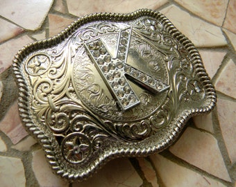 Initial K Silver Engraved Gold Trim Western Belt Buckle - Etsy display picture 1