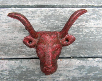 Cast Iron Red Glitter Animal Skull Wall Hook, Western Rustic Decor, Longhorn Steer Drawer Pulls, Country Home Decor, Farmhouse Kitchen Rack