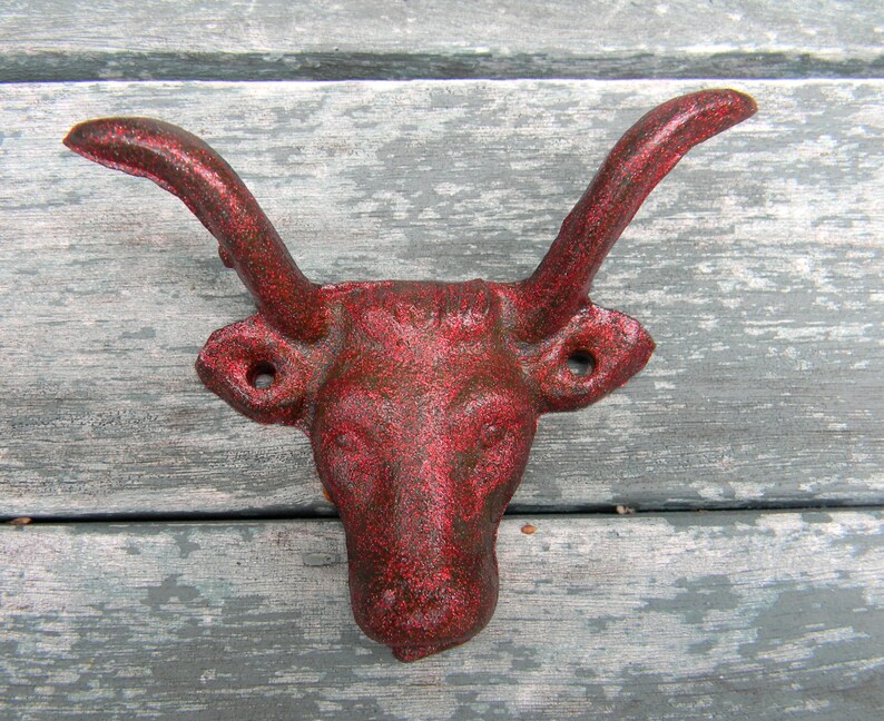 Cast Iron Red Glitter Animal Skull Wall Hook, Western Rustic Decor, Longhorn Steer Drawer Pulls, Country Home Decor, Farmhouse Kitchen Rack image 1