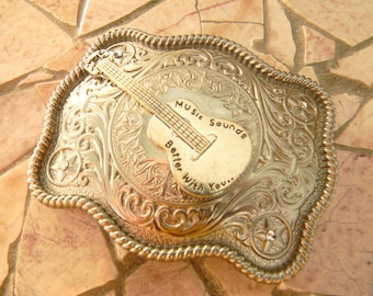 Guitar Belt Buckle, Guitarist,  Band Player Gift, Musical Instruments, Country Music, Rock and Roll, Mens Custom Metal Belt, Womens Silver