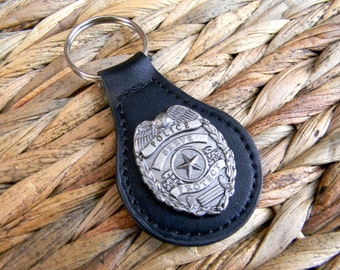 Police Keychain, Police Officer Black Leather Key Fob, Key Ring, Key Chain, Policeman Gifts, Police Girlfriend, Police Cop Wife, Groomsmen