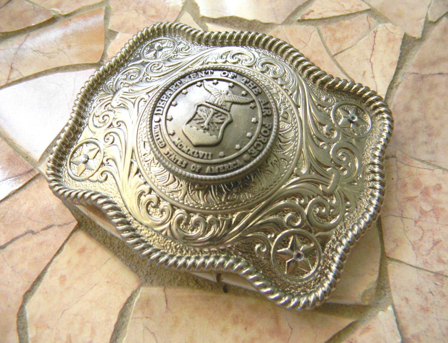 Air Force Belt Buckle, Silver Western Belt, Womens or Mens Engraved Military Concho,  USAF Wife, US Air Force Girlfriend,  Groomsmen Gift