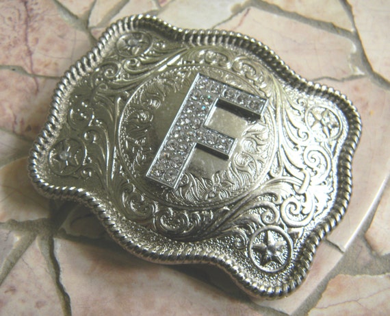 Monogram Letter F Personalized Silver Belt Buckle Rhinestone