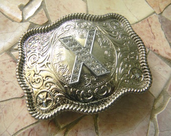 Monogram Letter X Personalized Silver Belt Buckle, Rhinestone Initial X, Wedding Accessories,  Womens Kids Western Custom Gift