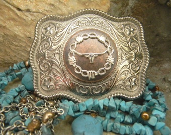 Steer Skull Belt Buckle, Copper Steer Horns, Western Concho, Cowgirl Gift, Cowboy Etched Silver Belt, Unique Metal Custom Belt