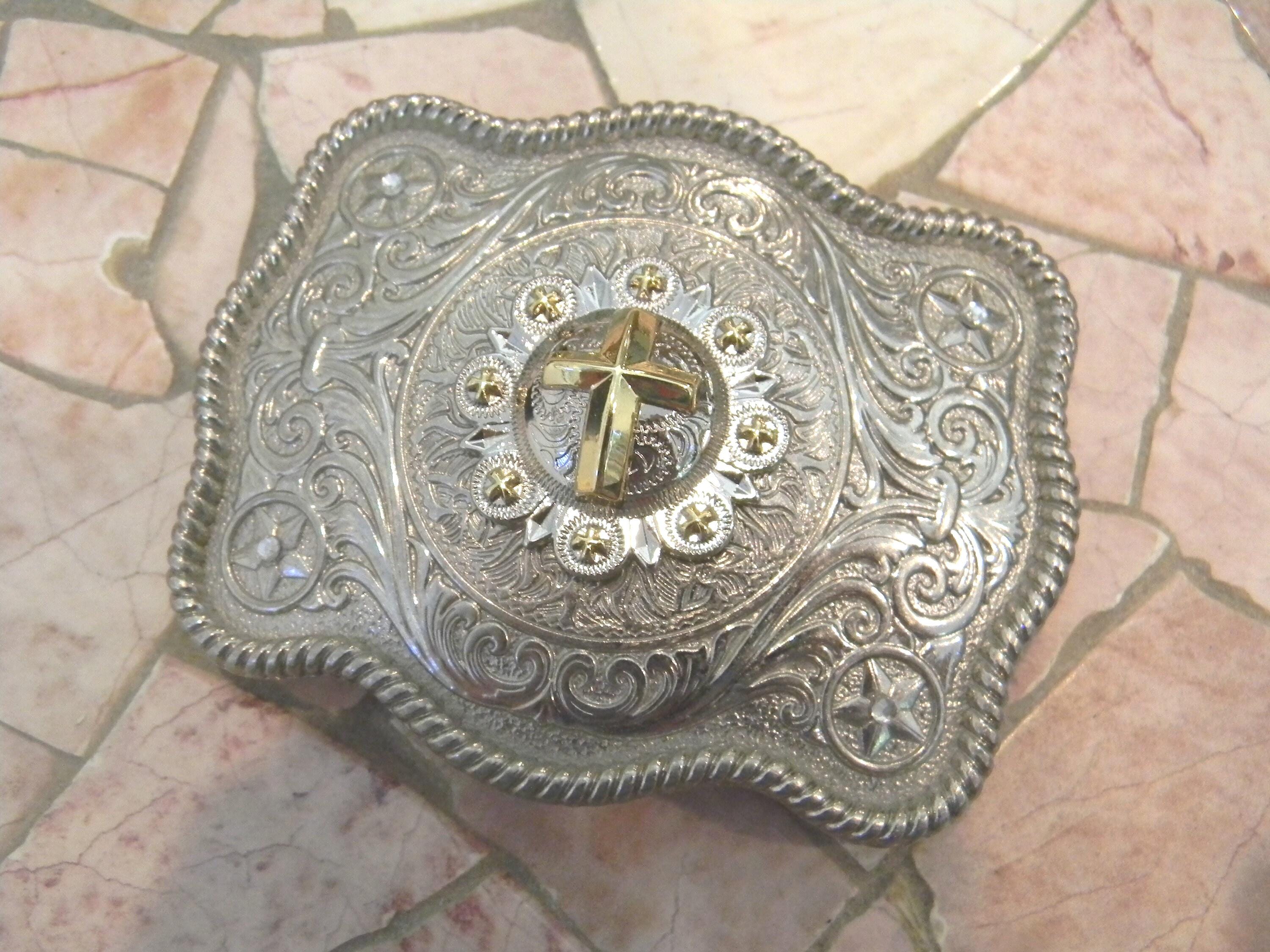 Boucle De Ceinture Métal Argenté - Motif Croix Religieuse Style Western - Neuf Avec étiquettes