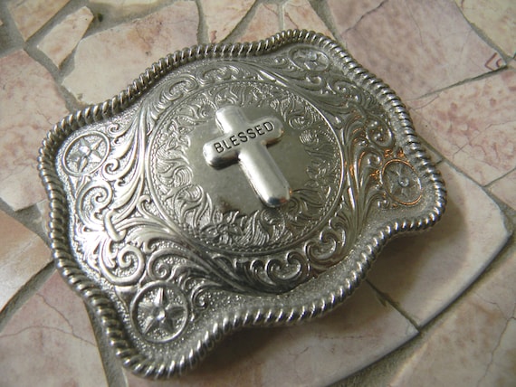 Silver Cross Belt Buckle Blessed 