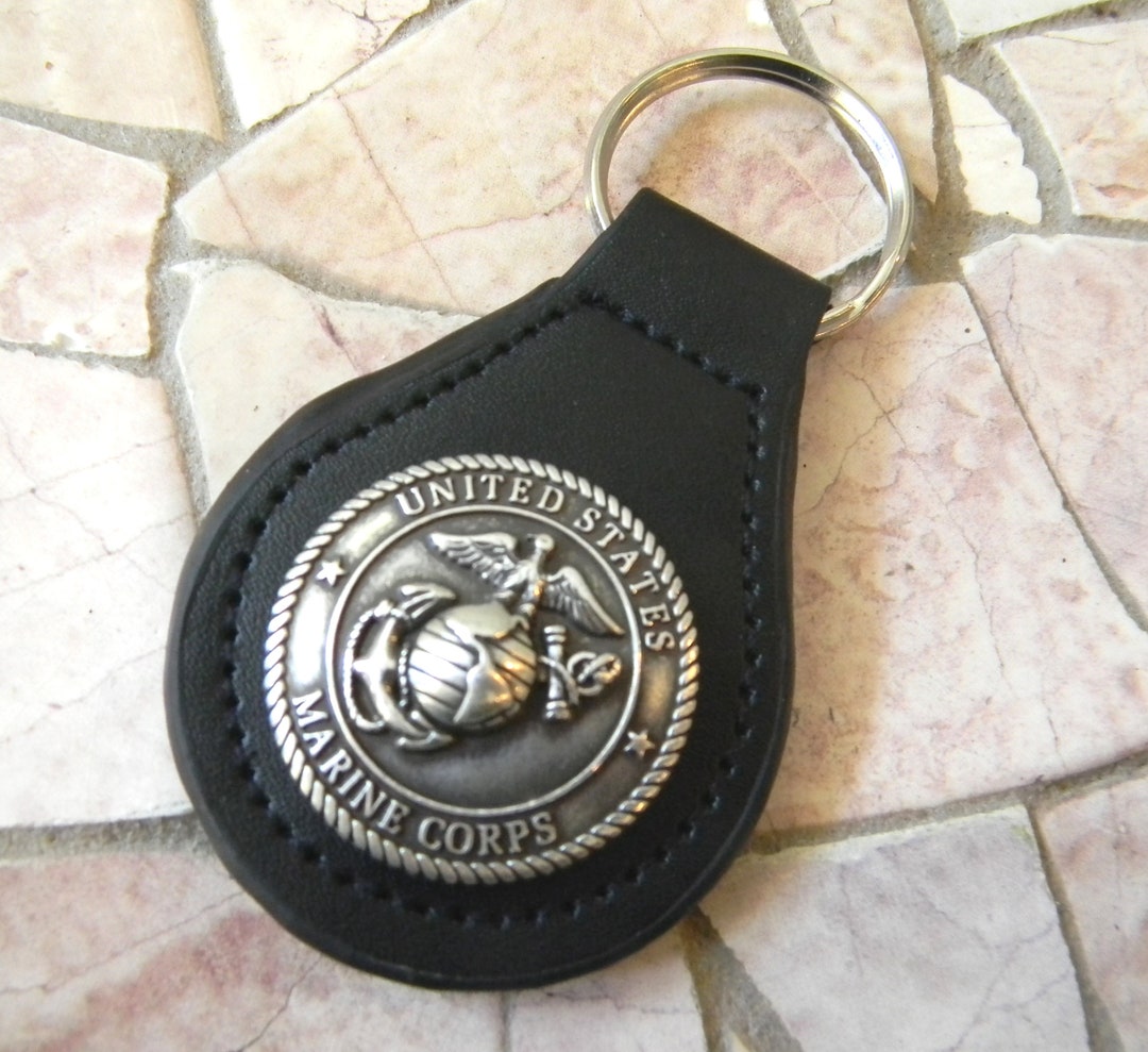 Marine Keychain, USMC Key Ring, Black Leather Key Fob, Key Chain ...