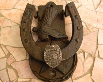 Police Officer Door Knocker, Cast Iron, Law Enforcement Home Decor, Rustic Front Door, Horseshoe Boot , Western Star Gift