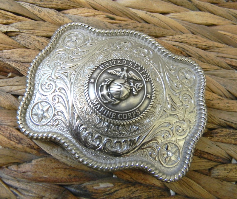 Marine Silver Concho Belt Buckle Western Mens Engraved Etsy