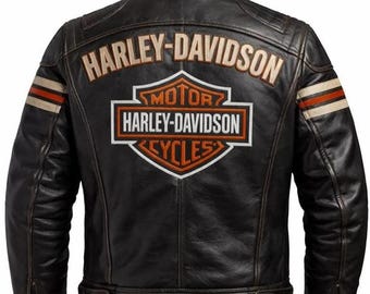 Giacca da motociclista in vera pelle Harley Davidson da uomo, nera, stile biker, stile cafe racer, HD, ideale come regalo per motociclisti.