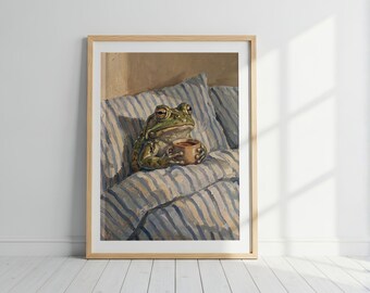 Gemütliche Frosch-Kaffee-Illustration, gestreiftes Kissen-Wandbild (Sofort-Download)