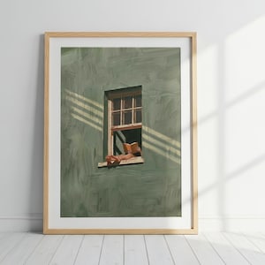May include: A framed art print featuring a sage green wall with a window. A person is reclining in the window frame, reading an open book. The scene is illuminated by diagonal shafts of sunlight, casting shadows across the textured green surface.