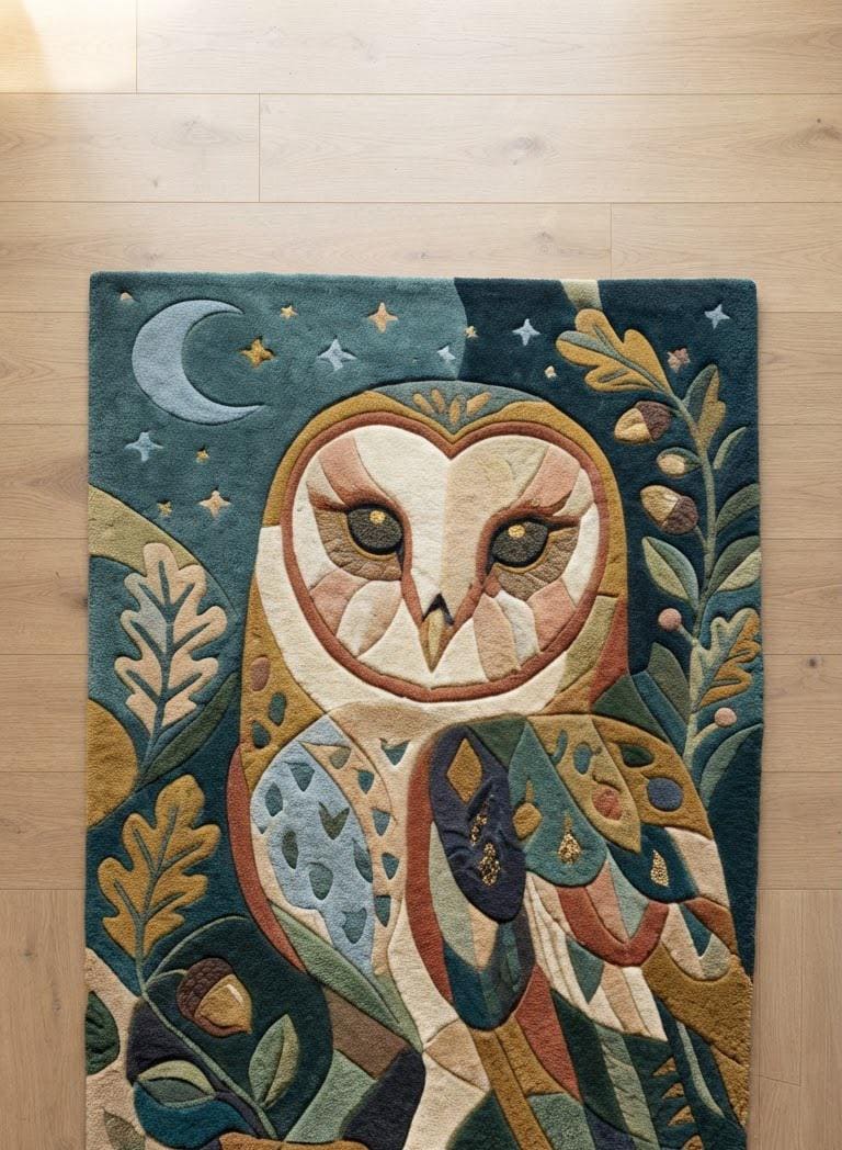 Owl Area Rug, Woodland Animal Rug, Owl Tapestry Style Carpet, Nature Inspired Rug, Cottagecore Livin