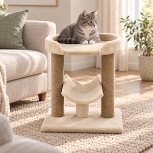 May include: A beige cat tree with two vertical sisal-wrapped scratching posts, a square base, a top circular platform with a raised edge, and a lower curved hammock-style perch. A grey tabby cat is resting on the top platform of the structure.
