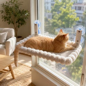 May include: A rectangular cat window perch featuring a soft, white, textured fabric surface with a raised, pom-pom style border. The platform is secured to a glass window pane using two white plastic brackets with clear suction cups.